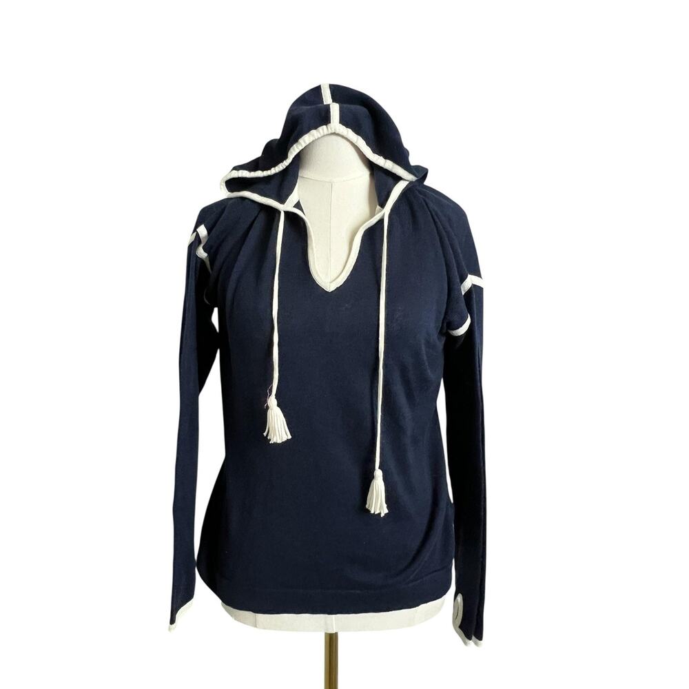 Caroline Grace Hooded Sweater Small Petite Blue Knit Top Cashmere Cotton Lounge